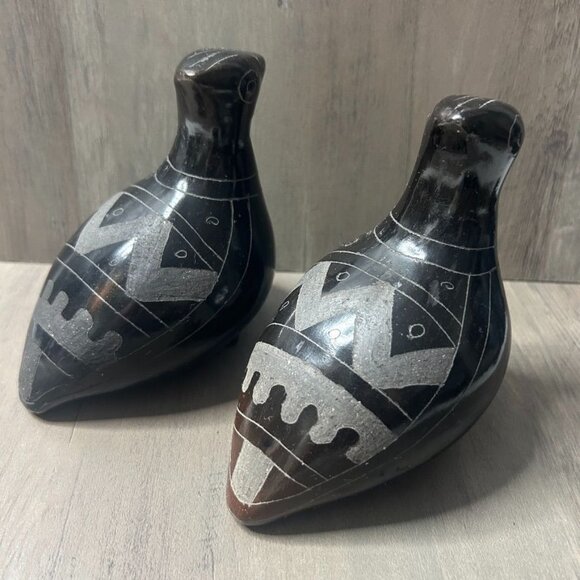 Vintage Handcrafted Tonala Black Pottery Doves Intricate Geometric Designs - Picture 4 of 6